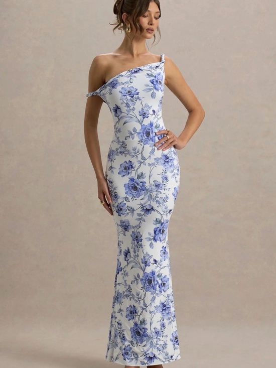 Club L London Dresses & Skirts - Club L London LITA Blue Floral Twisted Asymmetric Maxi Dress